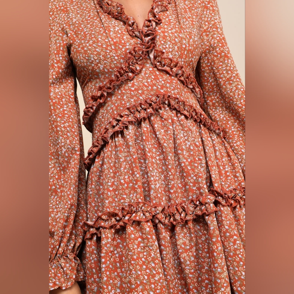 Lulus Admire You Orange Floral Print Ruffled Long Sleeve Mini Dress - Picture 4 of 12